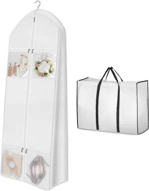 IRYZE Garment Bag for Travel, Wedding Dress Garment Bag With Tote Bag Gusseted Dress Bags For Gowns Long 4 Pockets Suit Luggage Bag, 175*58*22CM, White