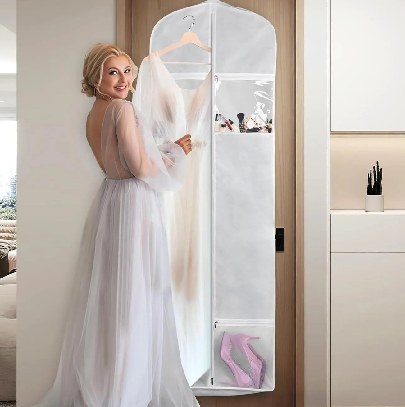 IRYZE Garment Bag for Travel, Wedding Dress Garment Bag With Tote Bag Gusseted Dress Bags For Gowns Long 4 Pockets Suit Luggage Bag, 175*58*22CM, White