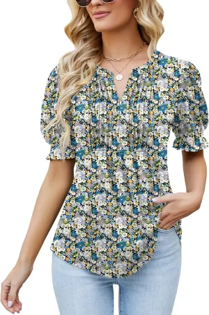 Ivicoer Women's Summer Puff Short/Long Sleeve Tops V Neck Pleated Shirts Floral Tunic Blouses Dressy Casual S-XXL