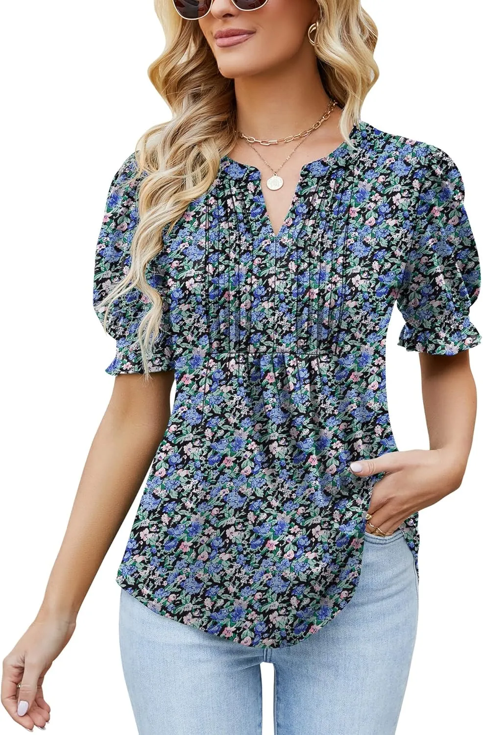 Ivicoer Women's Summer Puff Short/Long Sleeve Tops V Neck Pleated Shirts Floral Tunic Blouses Dressy Casual S-XXL