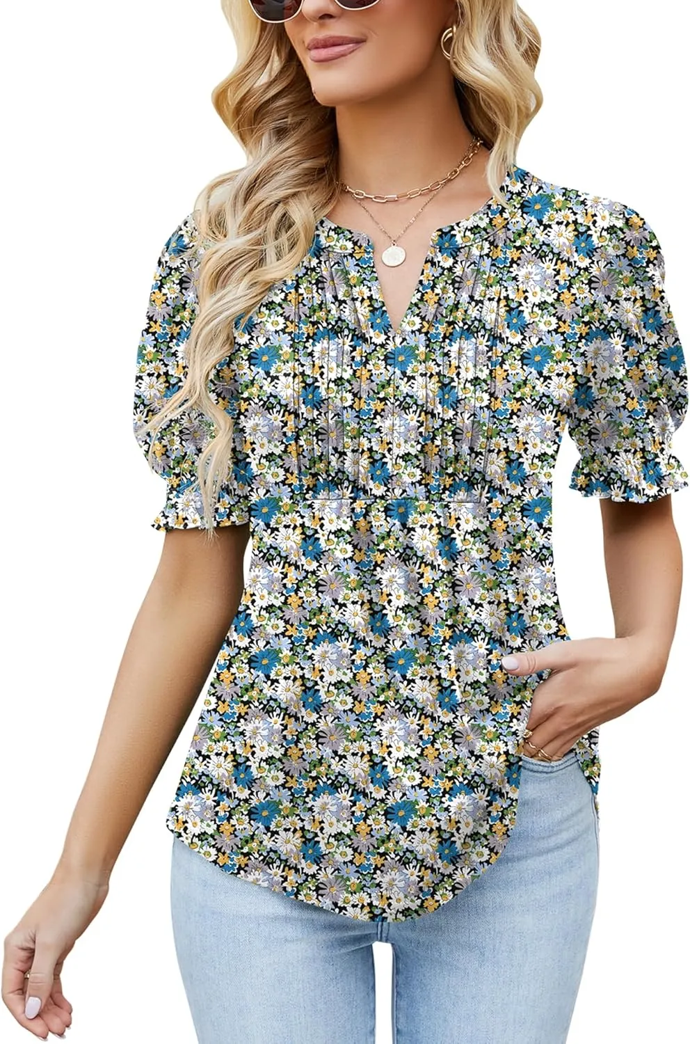 Ivicoer Women's Summer Puff Short/Long Sleeve Tops V Neck Pleated Shirts Floral Tunic Blouses Dressy Casual S-XXL
