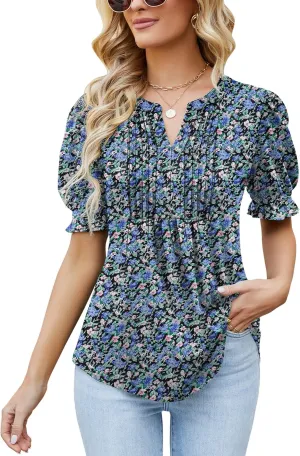 Ivicoer Women's Summer Puff Short/Long Sleeve Tops V Neck Pleated Shirts Floral Tunic Blouses Dressy Casual S-XXL