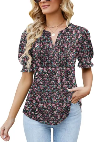 Ivicoer Women's Summer Puff Short/Long Sleeve Tops V Neck Pleated Shirts Floral Tunic Blouses Dressy Casual S-XXL