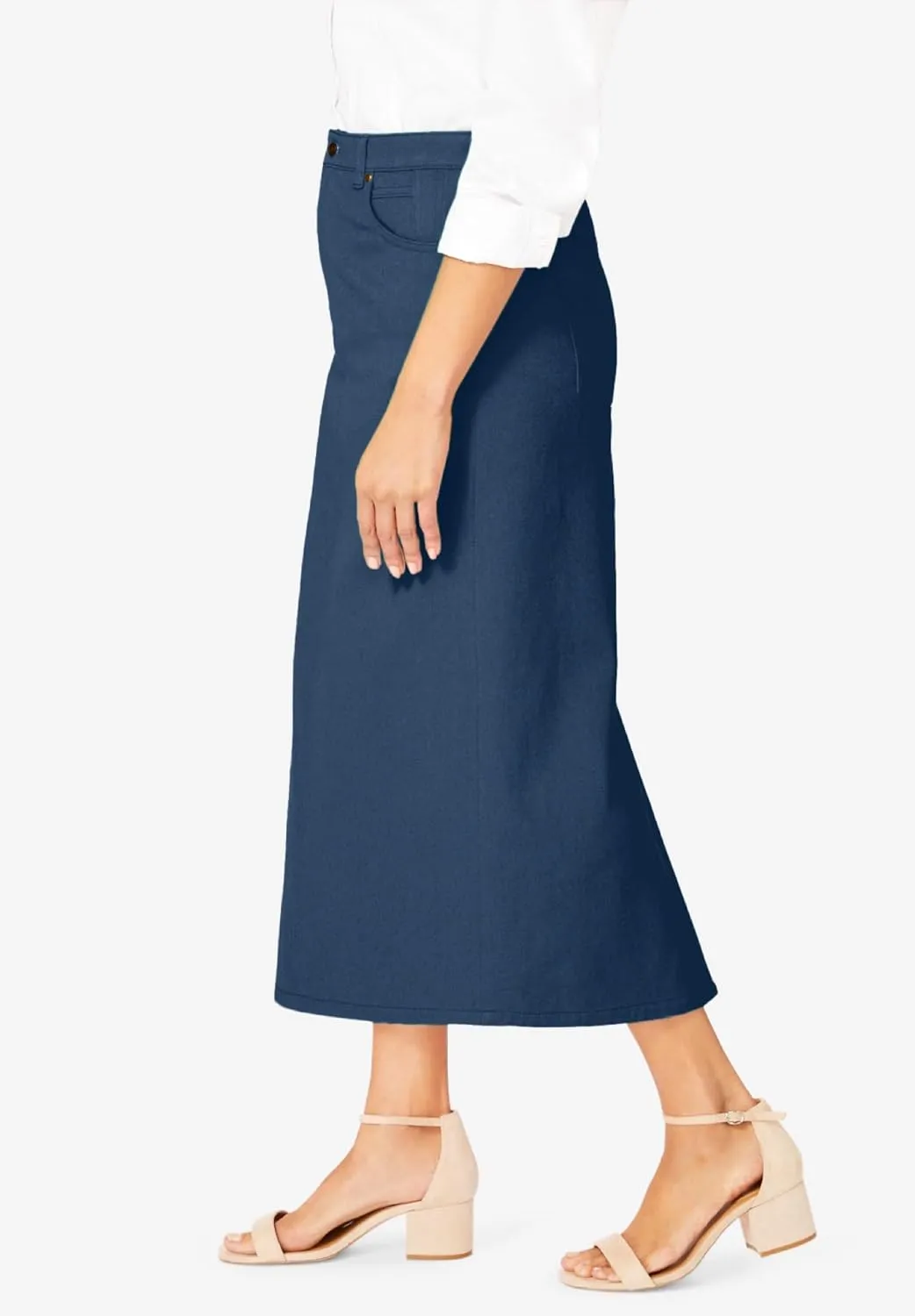Jessica London Women's Plus Size Classic Cotton Denim Midi Skirt Pockets Long Jean Skirt
