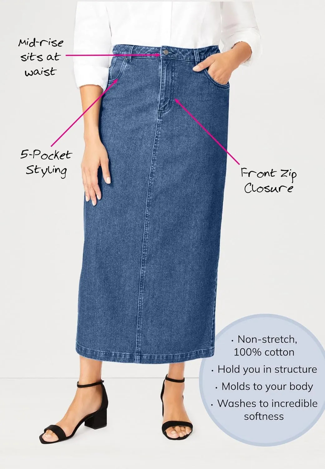 Jessica London Women's Plus Size Classic Cotton Denim Midi Skirt Pockets Long Jean Skirt