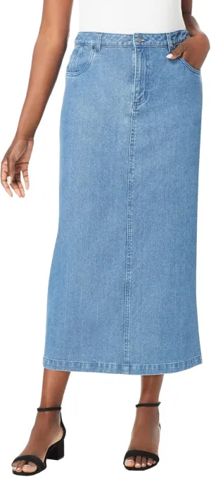 Jessica London Women's Plus Size Classic Cotton Denim Midi Skirt Pockets Long Jean Skirt