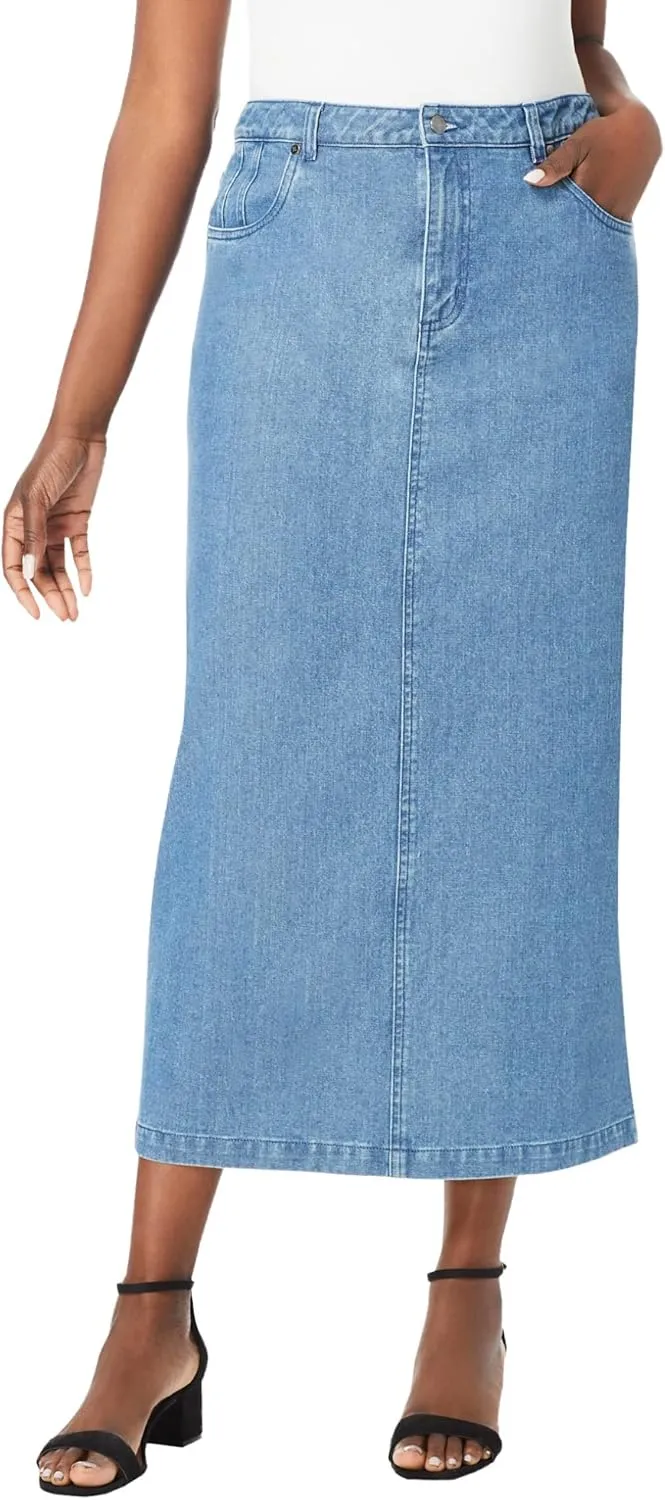 Jessica London Women's Plus Size Classic Cotton Denim Midi Skirt Pockets Long Jean Skirt