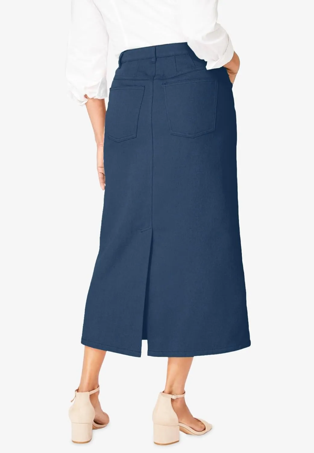 Jessica London Women's Plus Size Classic Cotton Denim Midi Skirt Pockets Long Jean Skirt
