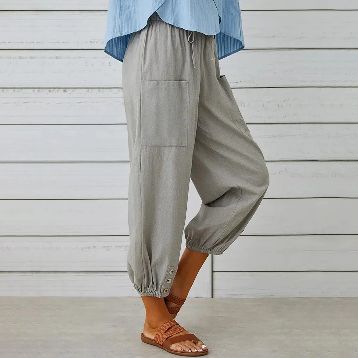 jsaierl Women Cotton Linen Pants High Waisted Drawstring Button Down Wide Leg Pants Casual Summer Trousers with Front Pockets