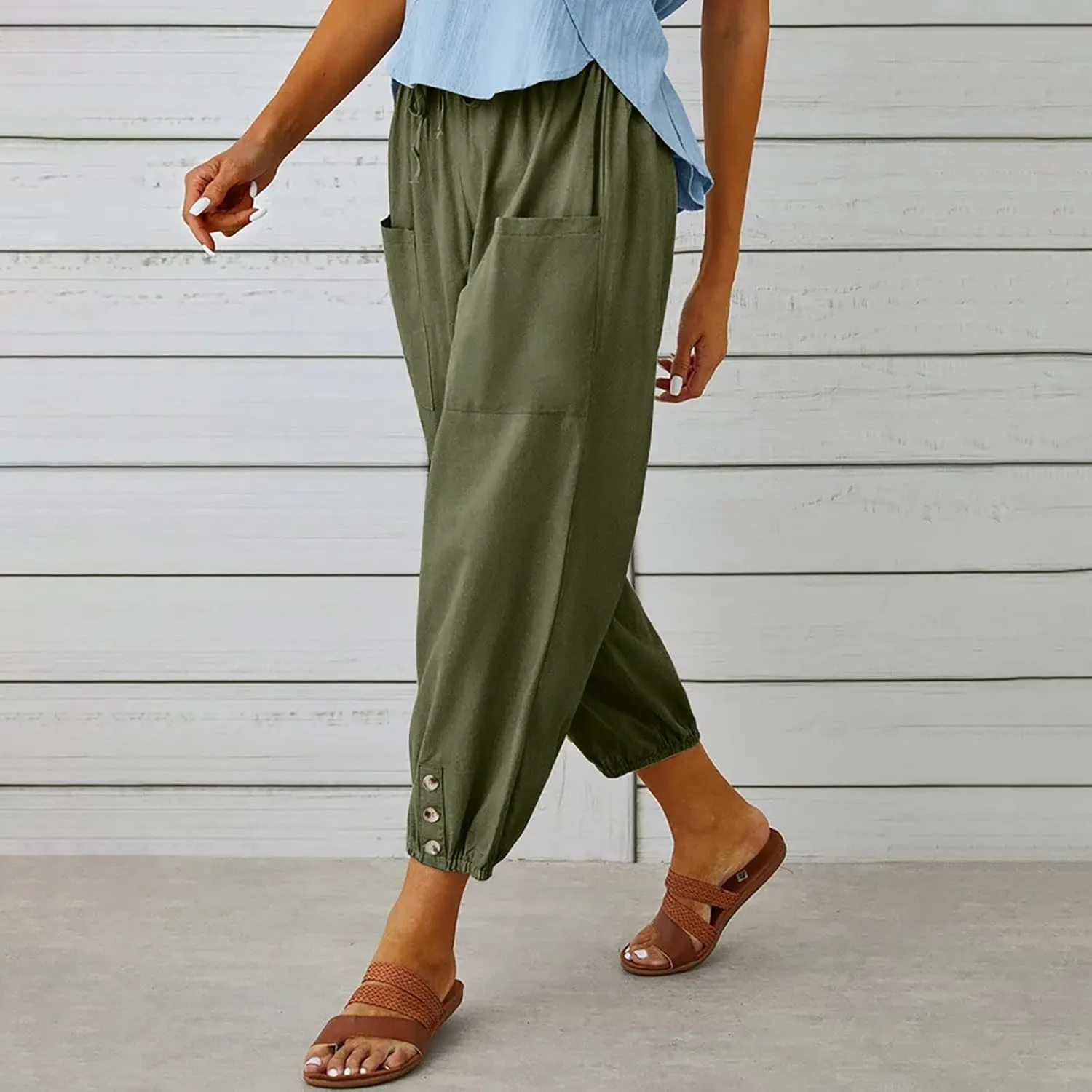 jsaierl Women Cotton Linen Pants High Waisted Drawstring Button Down Wide Leg Pants Casual Summer Trousers with Front Pockets