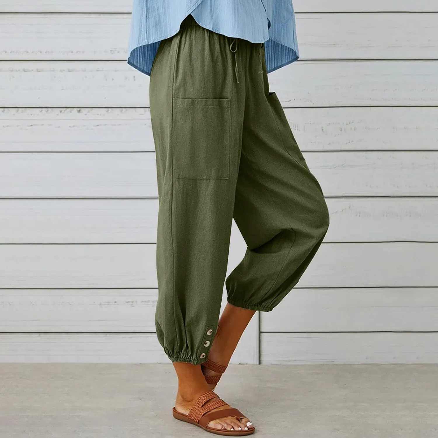 jsaierl Women Cotton Linen Pants High Waisted Drawstring Button Down Wide Leg Pants Casual Summer Trousers with Front Pockets