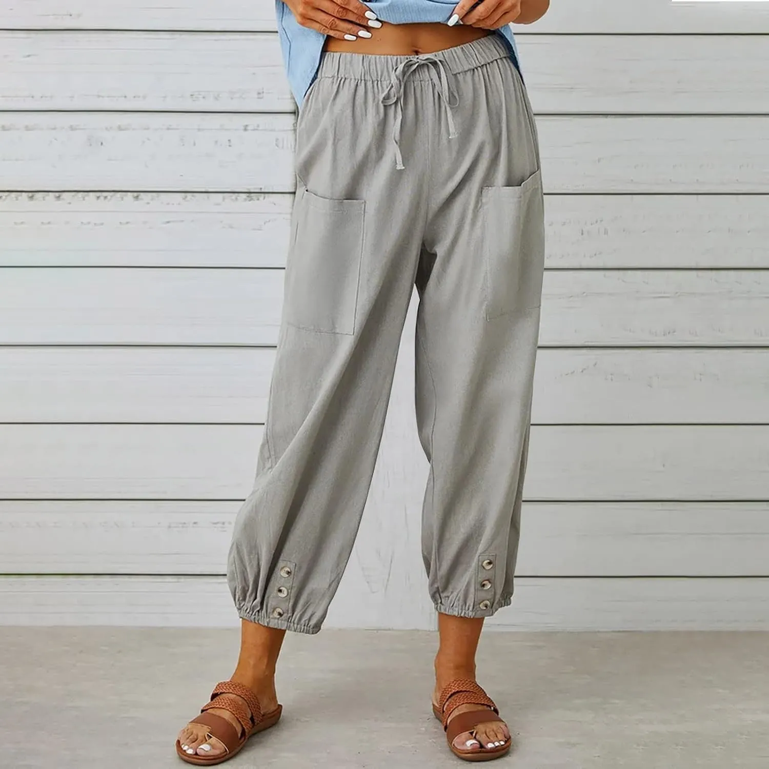 jsaierl Women Cotton Linen Pants High Waisted Drawstring Button Down Wide Leg Pants Casual Summer Trousers with Front Pockets