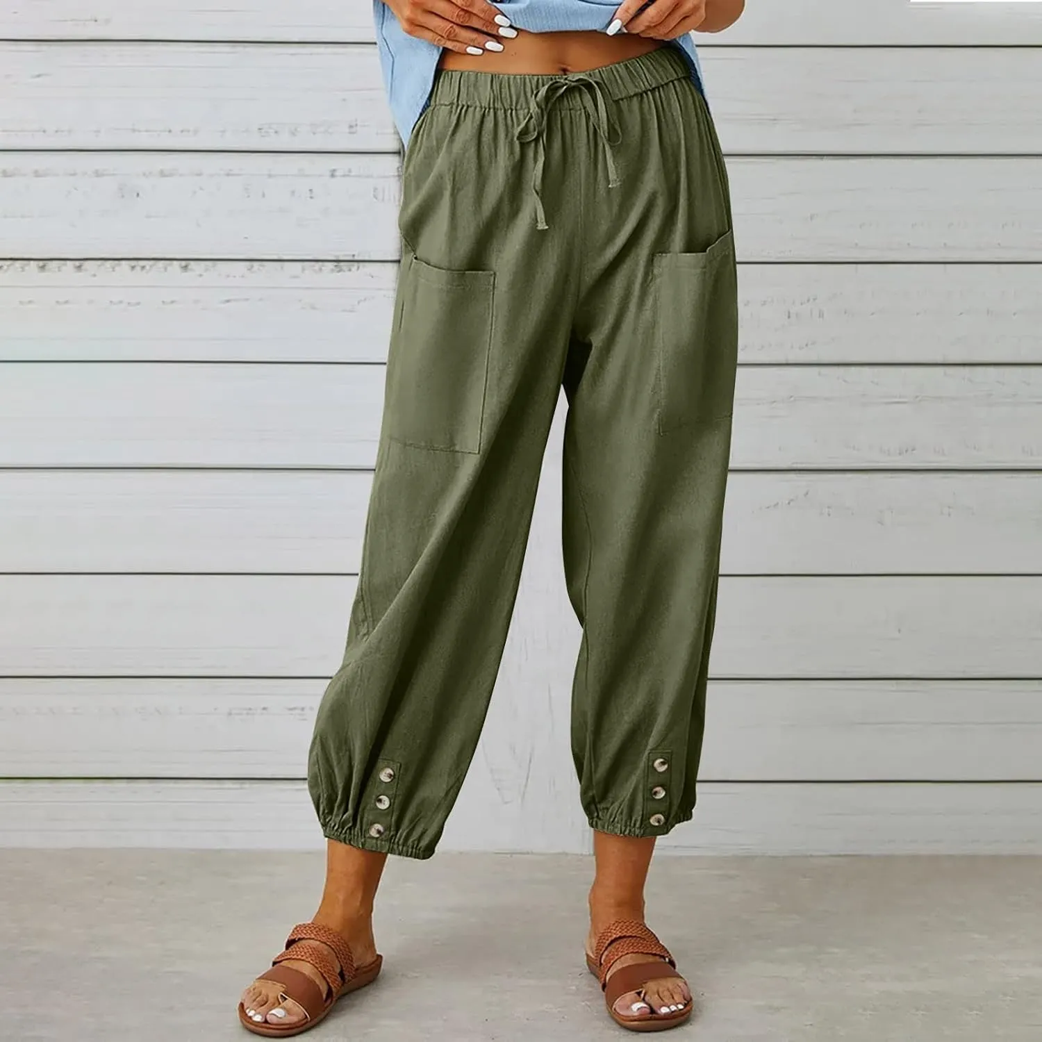 jsaierl Women Cotton Linen Pants High Waisted Drawstring Button Down Wide Leg Pants Casual Summer Trousers with Front Pockets