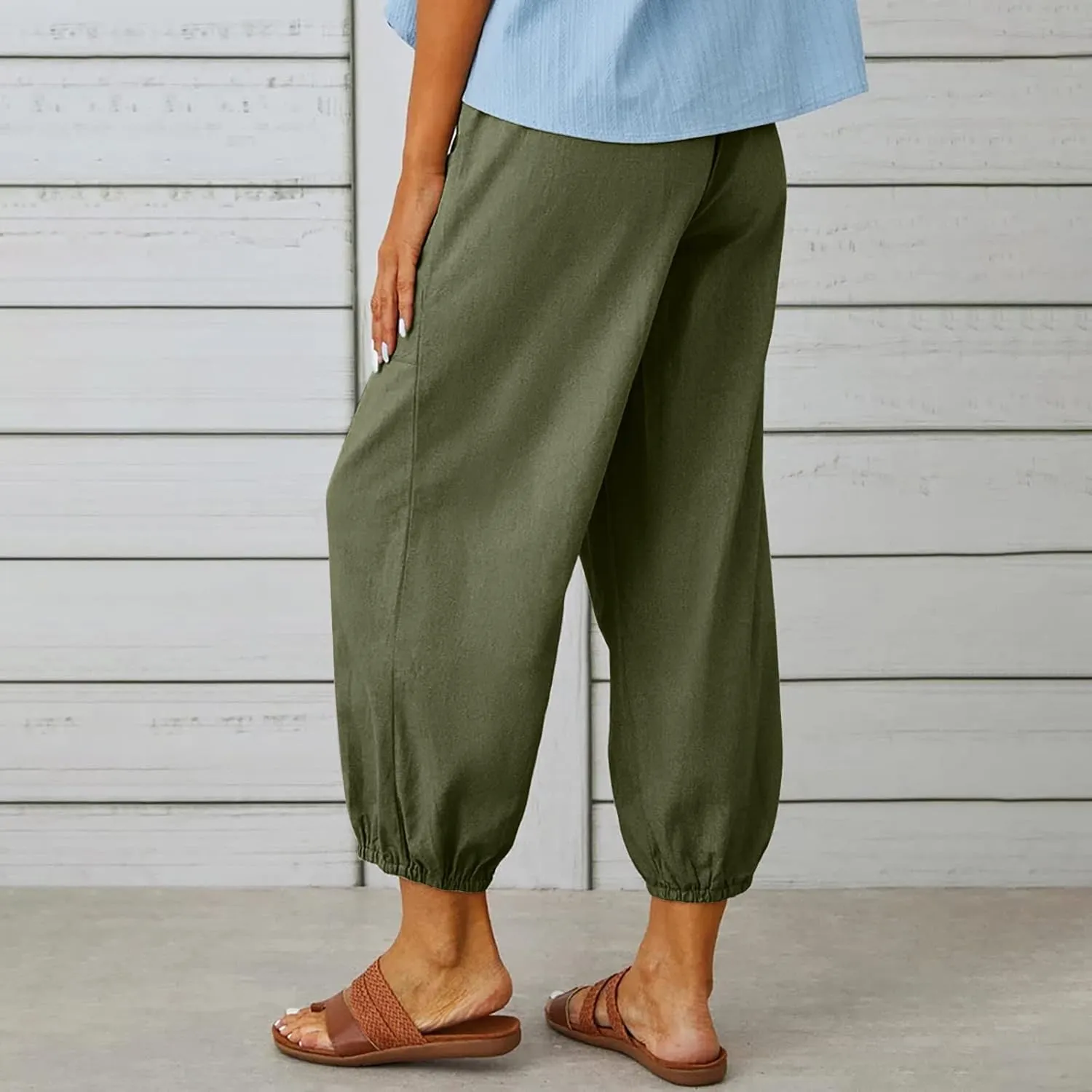 jsaierl Women Cotton Linen Pants High Waisted Drawstring Button Down Wide Leg Pants Casual Summer Trousers with Front Pockets