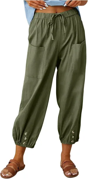 jsaierl Women Cotton Linen Pants High Waisted Drawstring Button Down Wide Leg Pants Casual Summer Trousers with Front Pockets