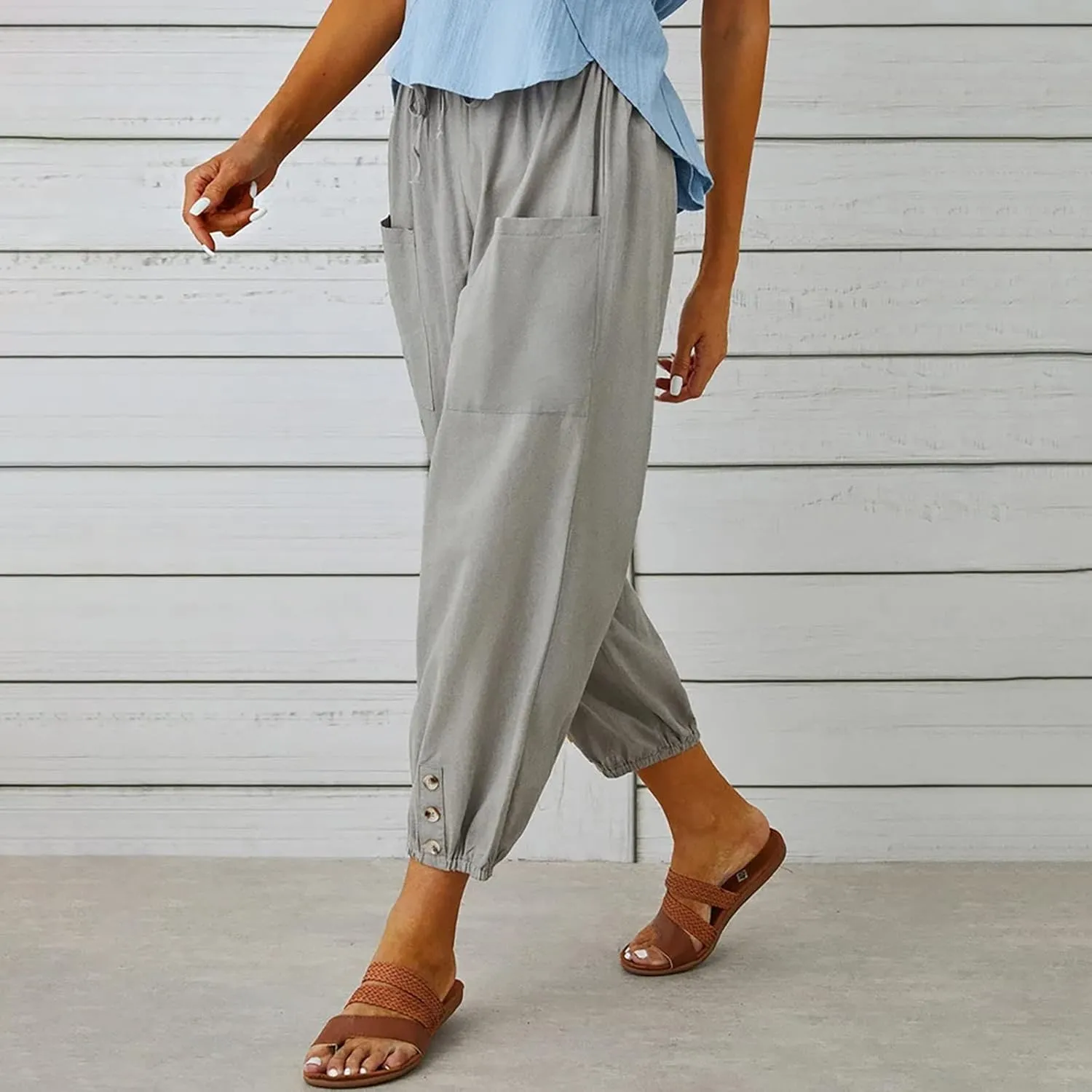 jsaierl Women Cotton Linen Pants High Waisted Drawstring Button Down Wide Leg Pants Casual Summer Trousers with Front Pockets