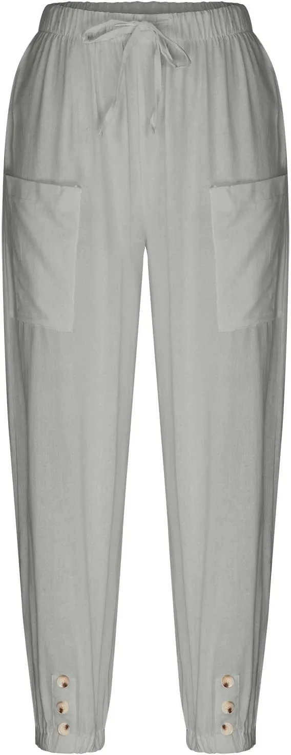 jsaierl Women Cotton Linen Pants High Waisted Drawstring Button Down Wide Leg Pants Casual Summer Trousers with Front Pockets