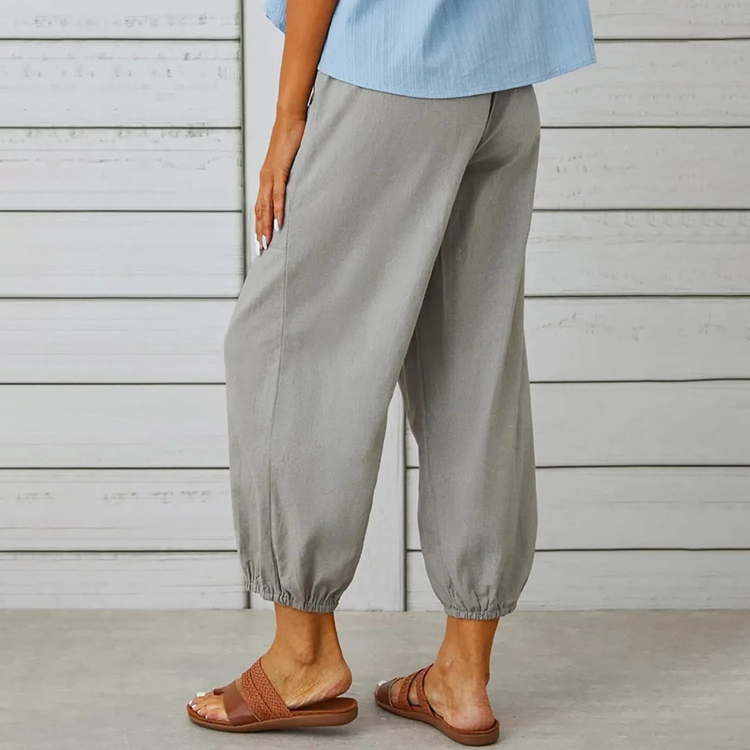 jsaierl Women Cotton Linen Pants High Waisted Drawstring Button Down Wide Leg Pants Casual Summer Trousers with Front Pockets