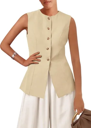 KIRUNDO Fashion Blazer Vest for Women 2025 Dressy Business Casual Summer Button Down Sleeveless Work Suit Waistcoat Tops