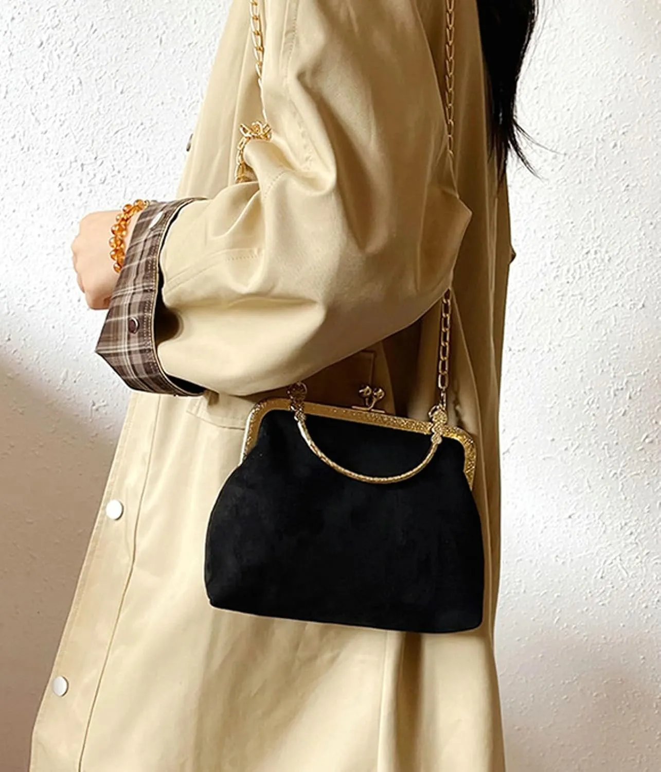 Kiss Lock Top Handle Handbag 2025 Trendy Evening Clutch Bag Women Retro Suede Purse Chain Crossbody Bag