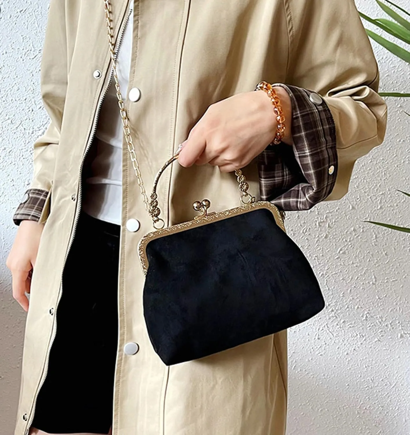 Kiss Lock Top Handle Handbag 2025 Trendy Evening Clutch Bag Women Retro Suede Purse Chain Crossbody Bag