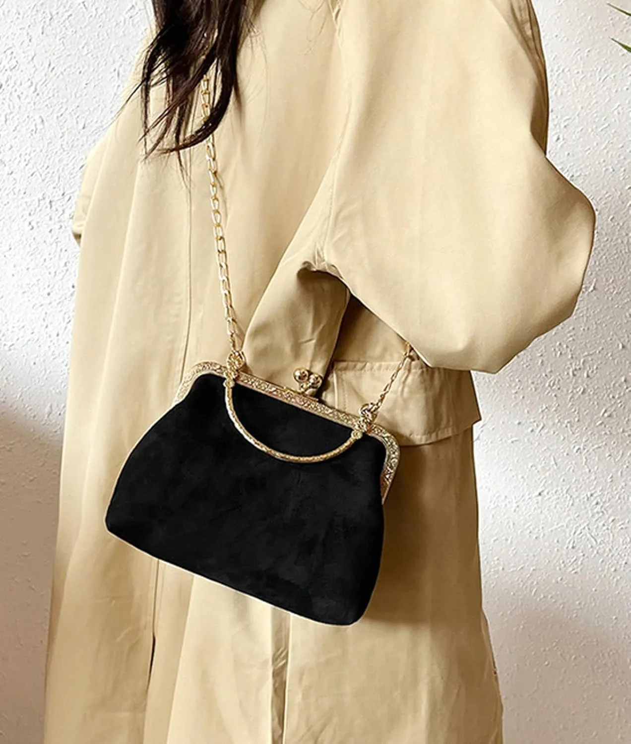 Kiss Lock Top Handle Handbag 2025 Trendy Evening Clutch Bag Women Retro Suede Purse Chain Crossbody Bag