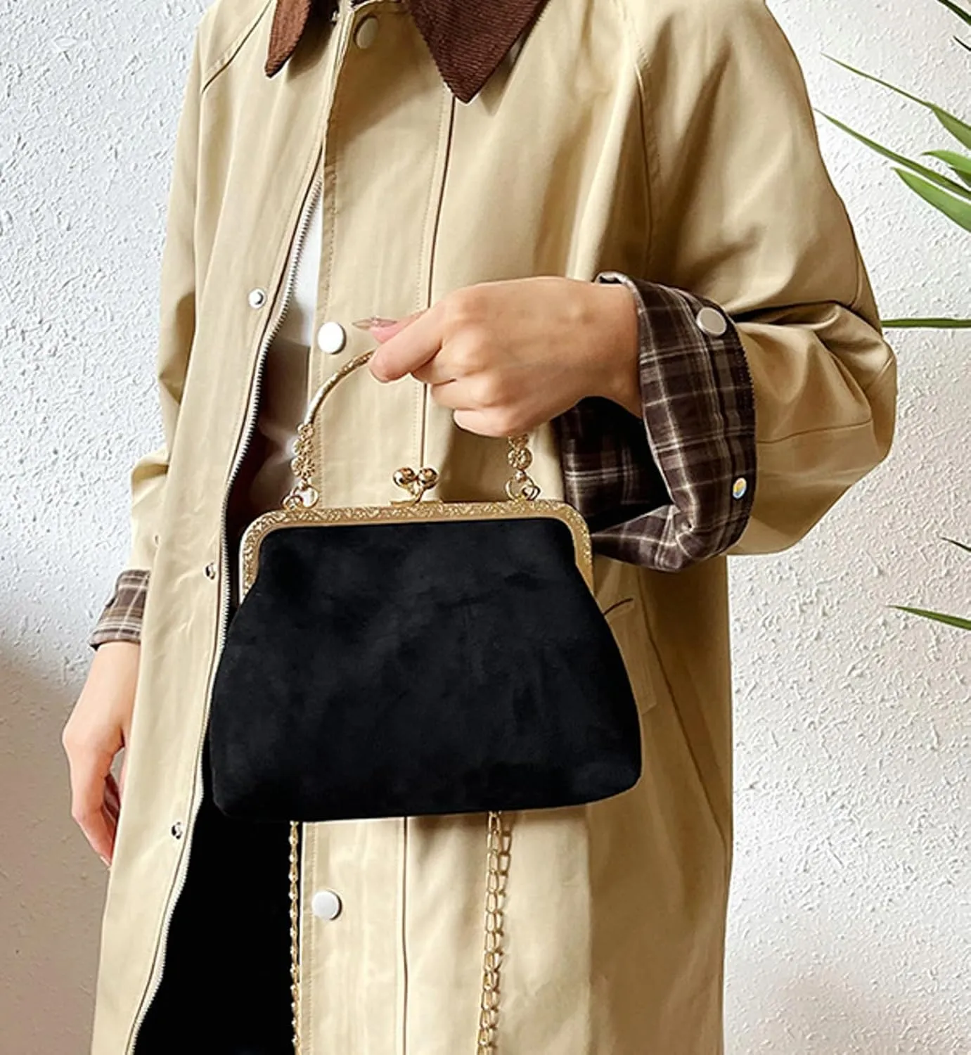 Kiss Lock Top Handle Handbag 2025 Trendy Evening Clutch Bag Women Retro Suede Purse Chain Crossbody Bag