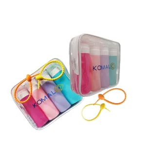 KOMAL Portable Toiletries TSA approved 3 oz. The travel set contains 4 bottles BPA free, refillable silicone bottles with leak-proof closure and 2 practical 8.5-inch long silicone straps for your bags