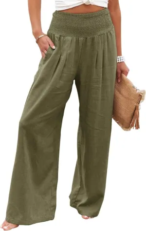 Kubbon Cotton Linen Pants for Women High Waist Smocked Palazzo Pants Casual Wide Leg Lounge Pant Beach Travel Trousers