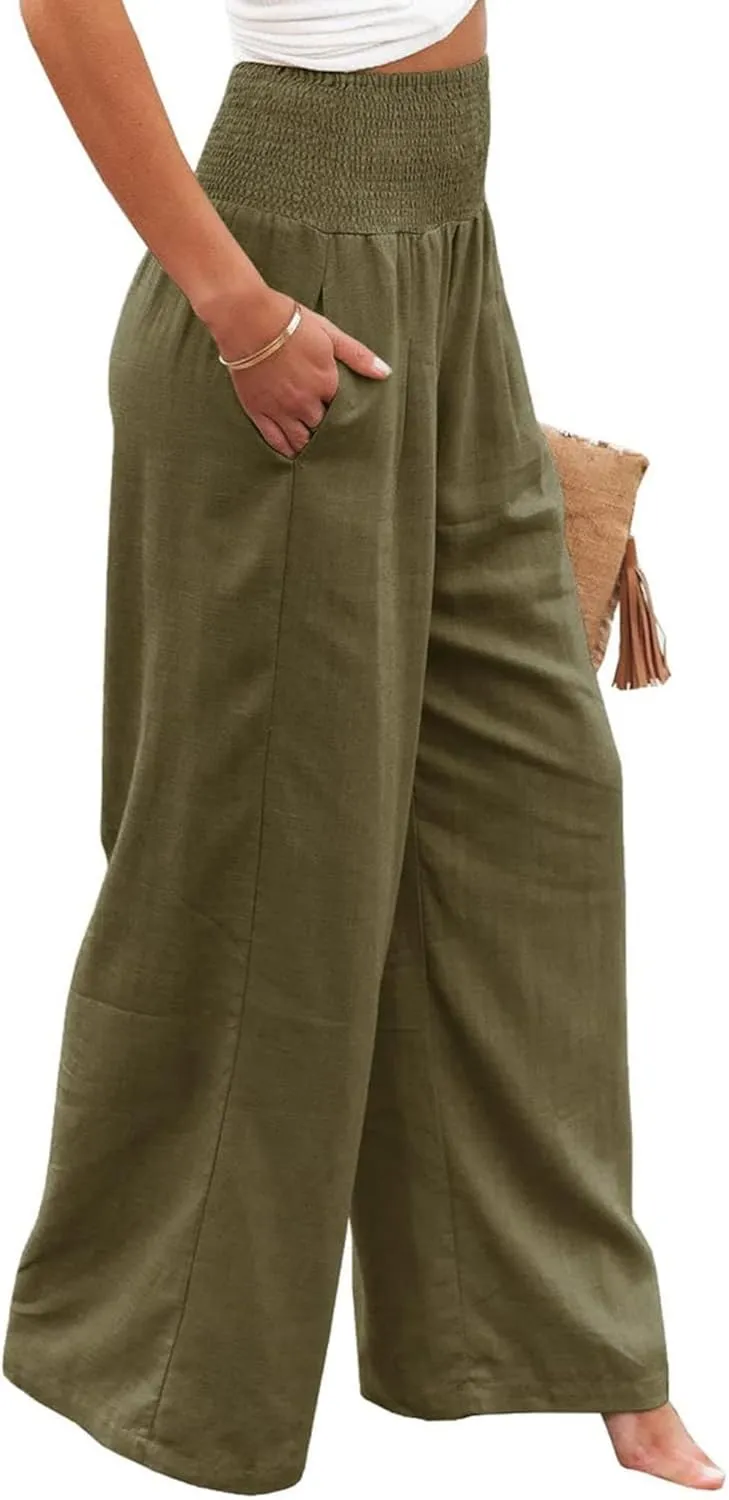 Kubbon Cotton Linen Pants for Women High Waist Smocked Palazzo Pants Casual Wide Leg Lounge Pant Beach Travel Trousers
