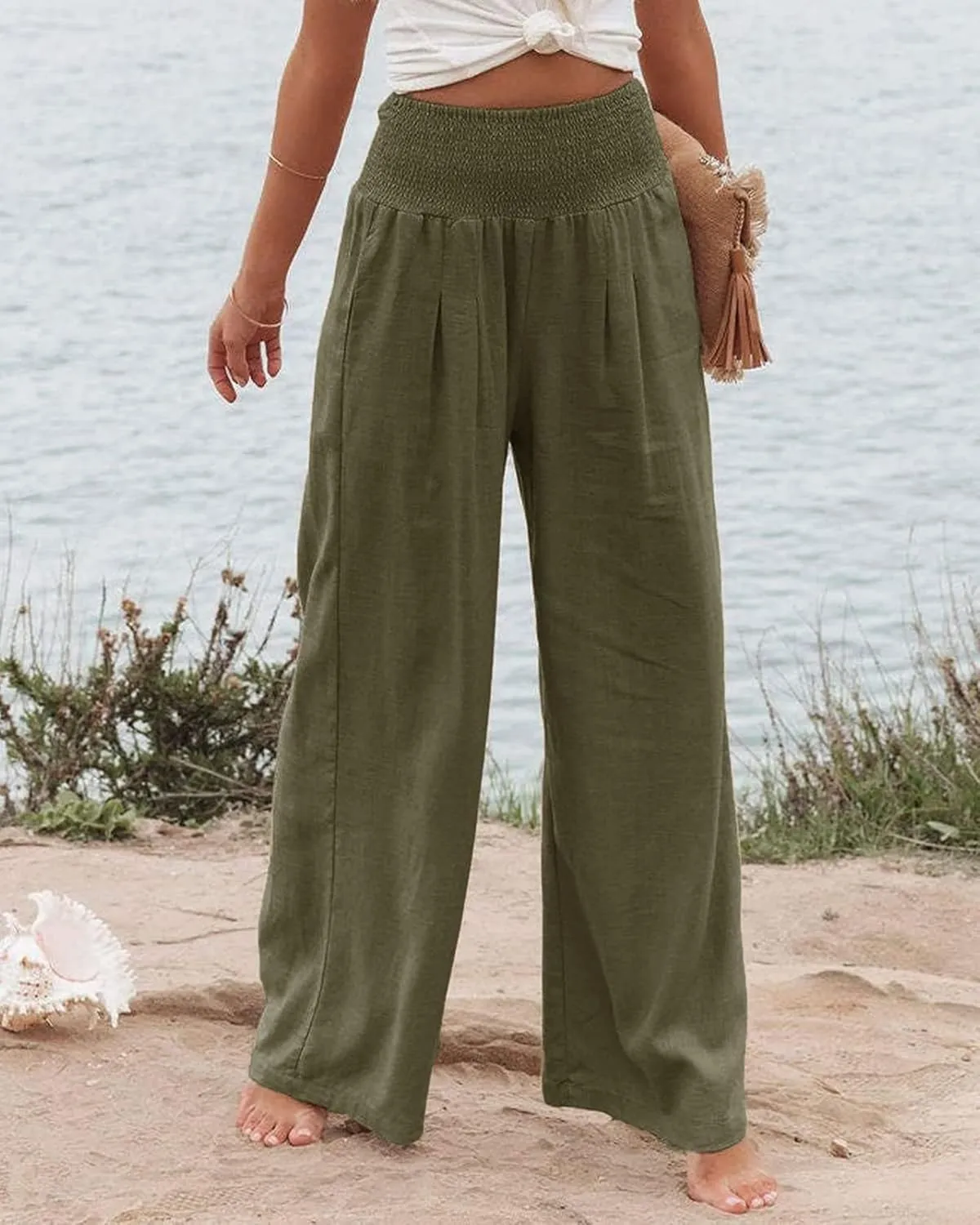 Kubbon Cotton Linen Pants for Women High Waist Smocked Palazzo Pants Casual Wide Leg Lounge Pant Beach Travel Trousers