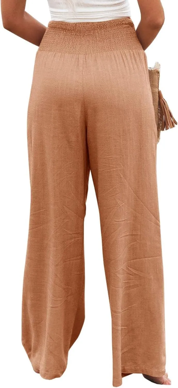 Kubbon Cotton Linen Pants for Women High Waist Smocked Palazzo Pants Casual Wide Leg Lounge Pant Beach Travel Trousers