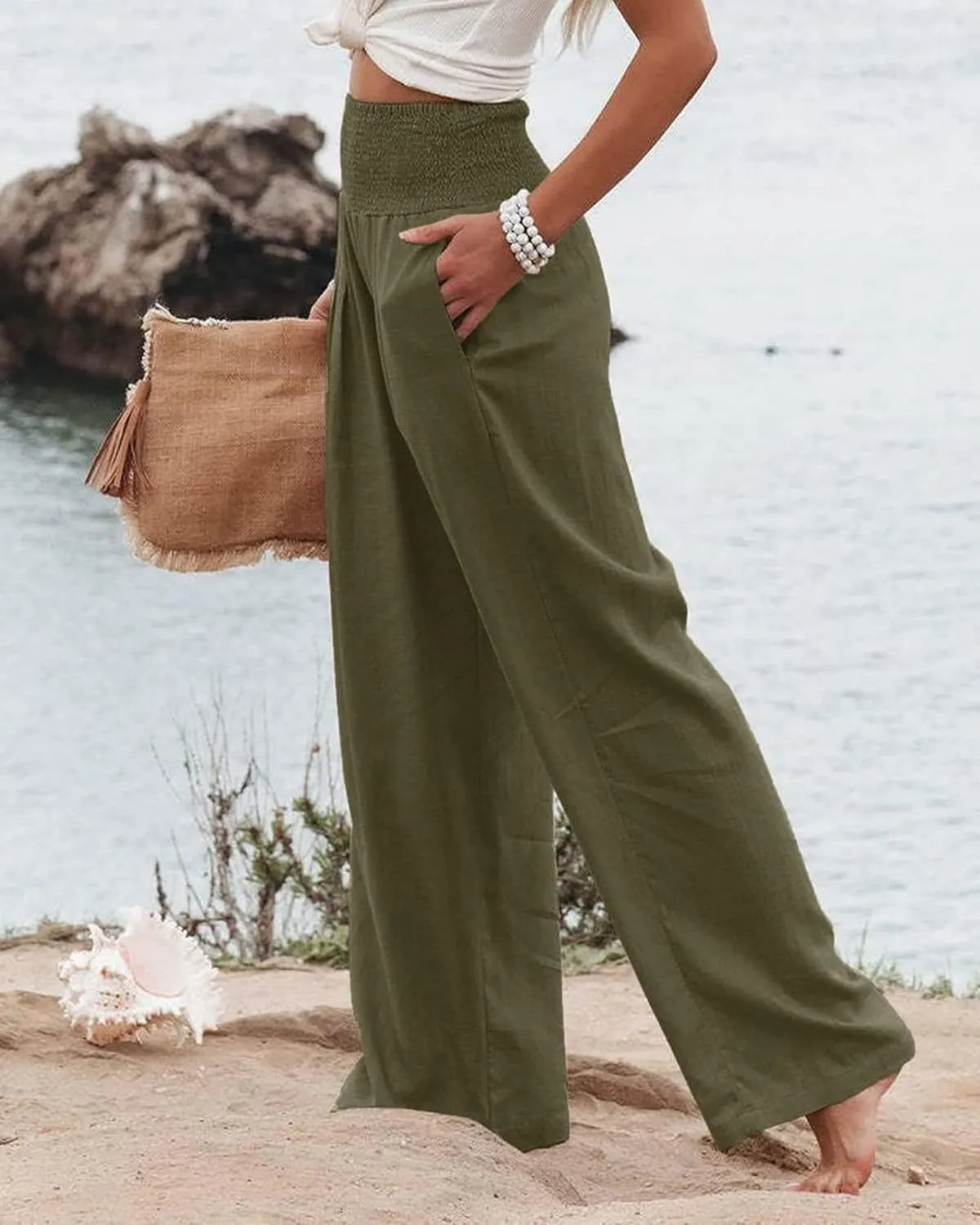Kubbon Cotton Linen Pants for Women High Waist Smocked Palazzo Pants Casual Wide Leg Lounge Pant Beach Travel Trousers