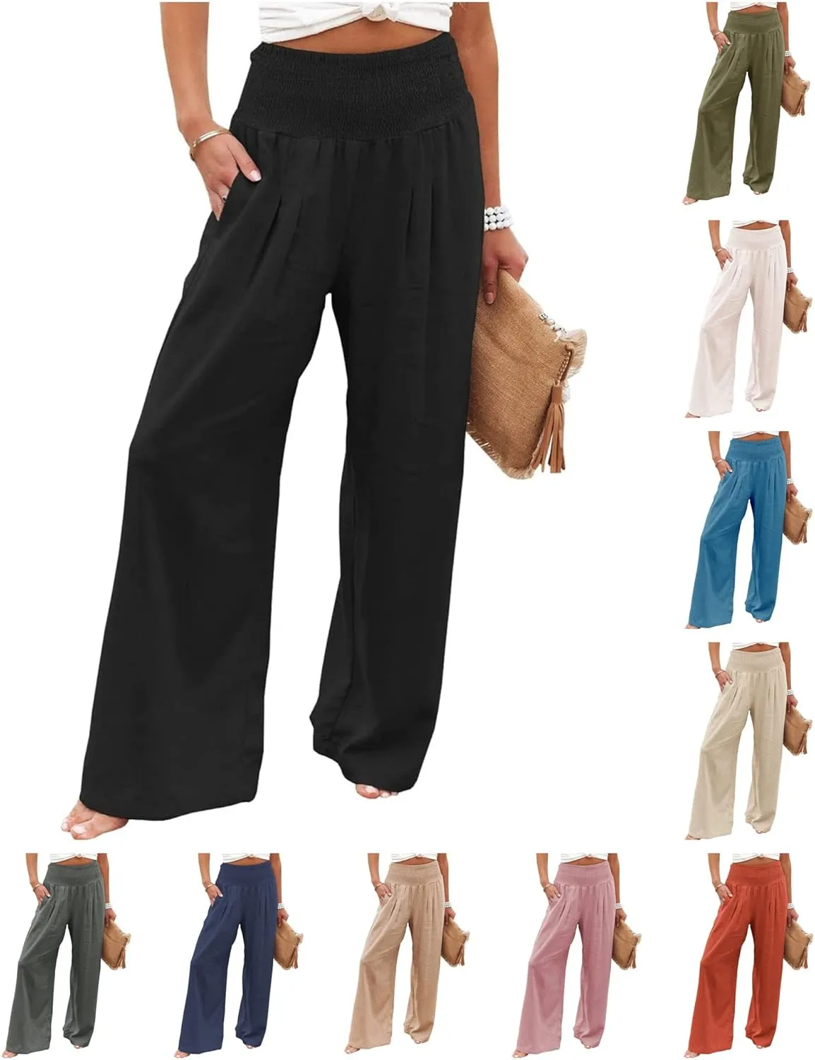 Kubbon Cotton Linen Pants for Women High Waist Smocked Palazzo Pants Casual Wide Leg Lounge Pant Beach Travel Trousers