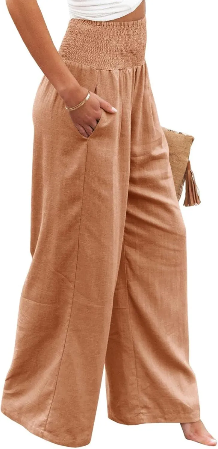 Kubbon Cotton Linen Pants for Women High Waist Smocked Palazzo Pants Casual Wide Leg Lounge Pant Beach Travel Trousers