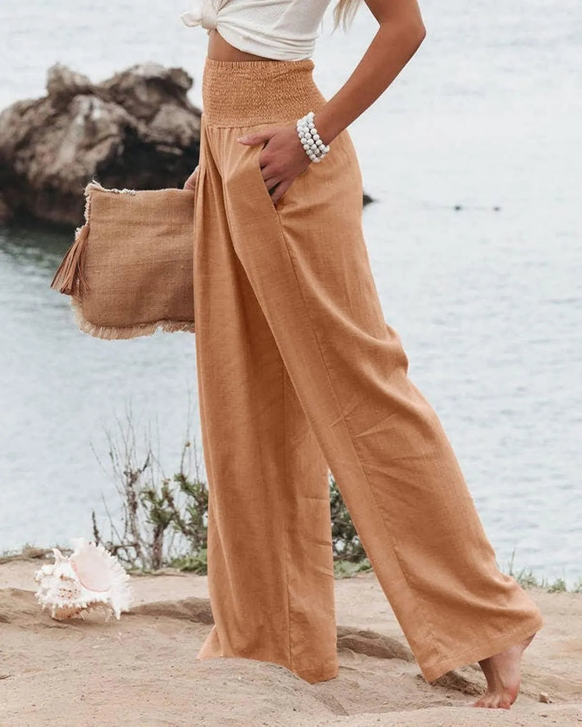 Kubbon Cotton Linen Pants for Women High Waist Smocked Palazzo Pants Casual Wide Leg Lounge Pant Beach Travel Trousers