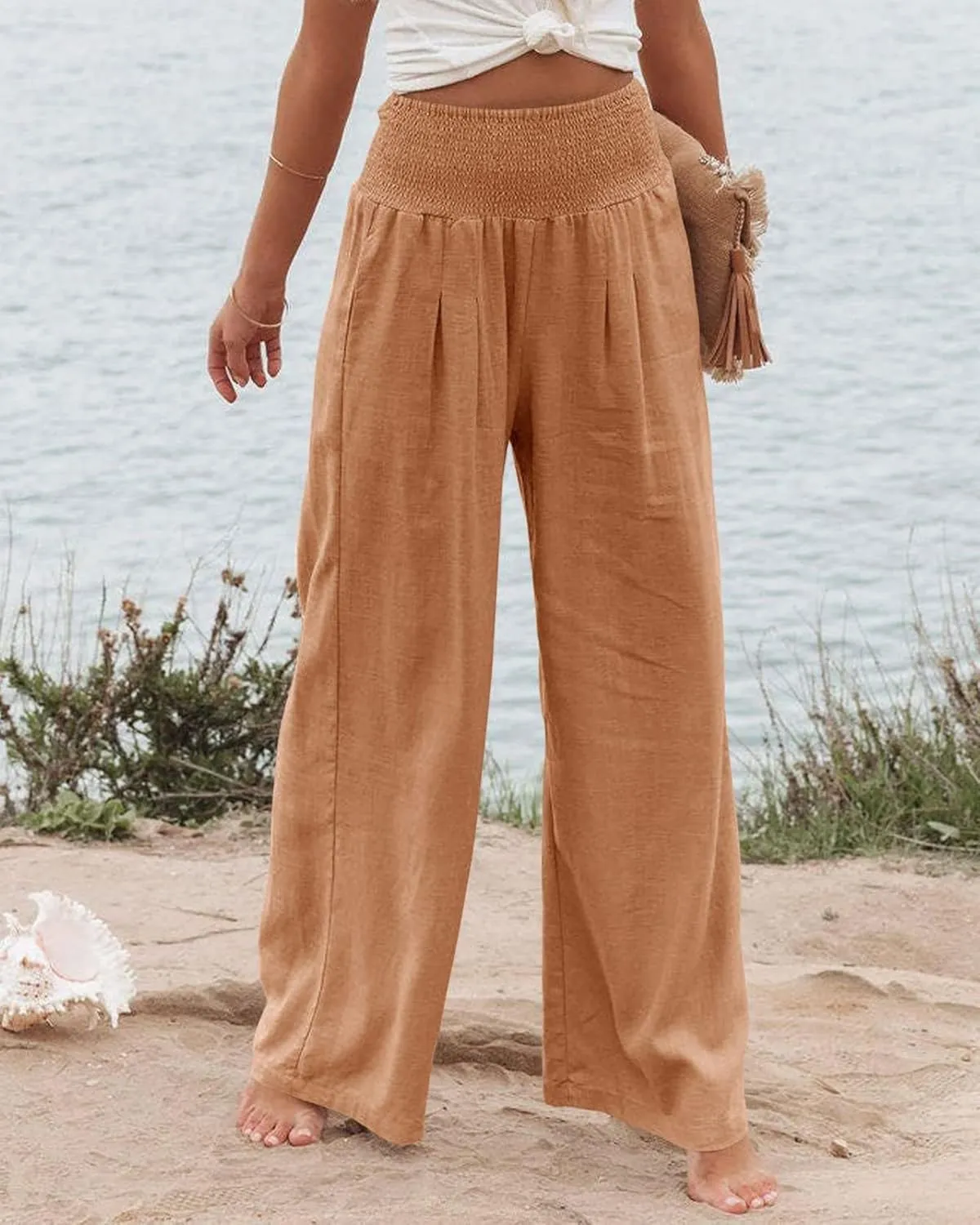Kubbon Cotton Linen Pants for Women High Waist Smocked Palazzo Pants Casual Wide Leg Lounge Pant Beach Travel Trousers