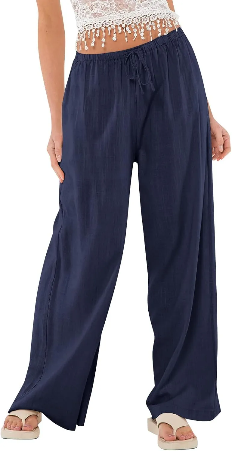 Ladies Linen Pants Summer Drawstring High Waist Wide Pants Palazzo Pant Casual Tummy Control Trousers with Pockets