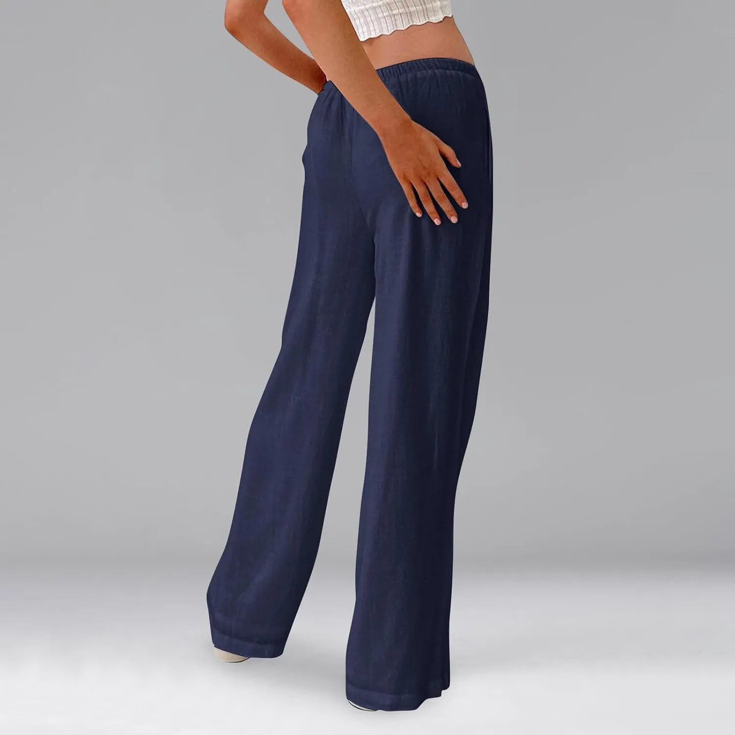 Ladies Linen Pants Summer Drawstring High Waist Wide Pants Palazzo Pant Casual Tummy Control Trousers with Pockets