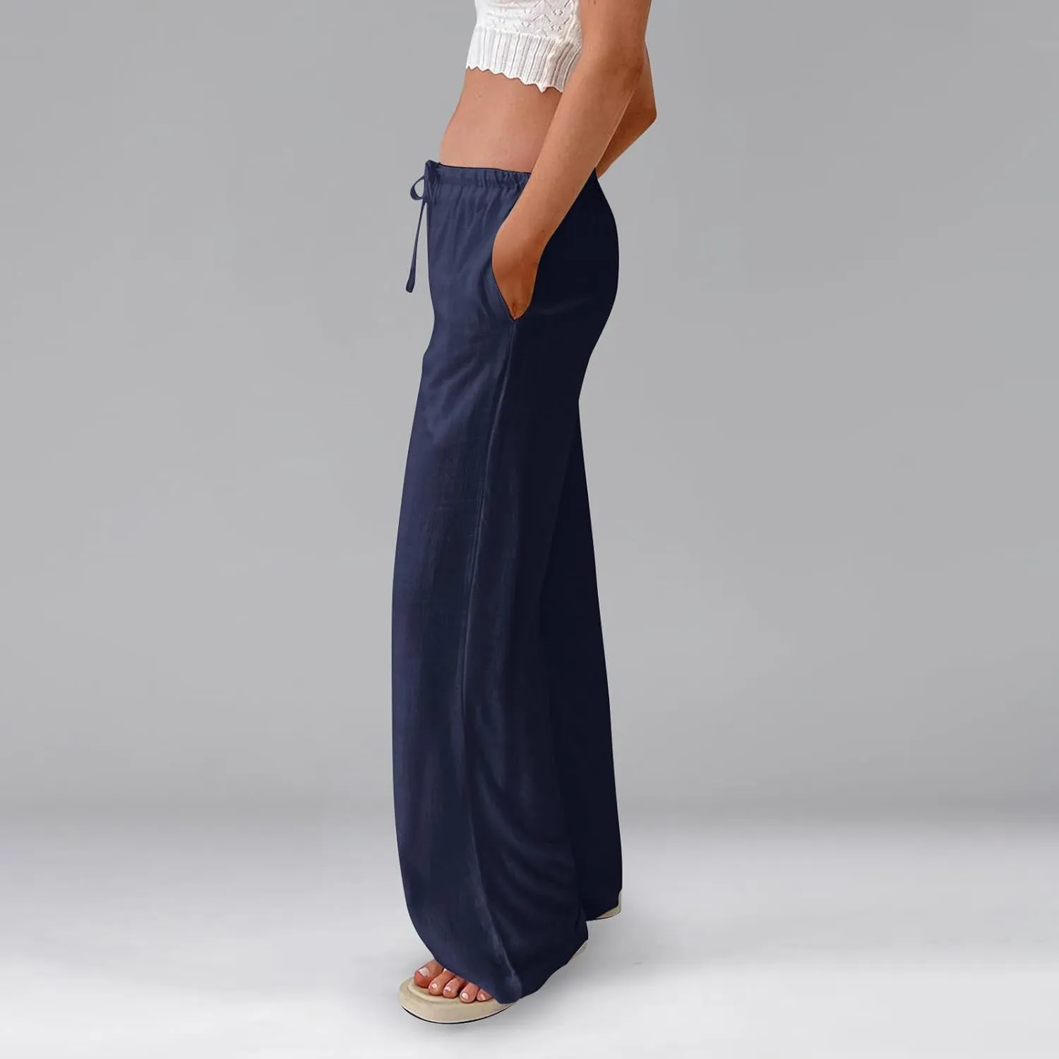Ladies Linen Pants Summer Drawstring High Waist Wide Pants Palazzo Pant Casual Tummy Control Trousers with Pockets