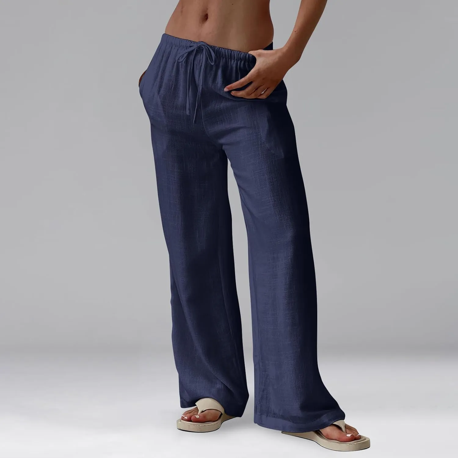 Ladies Linen Pants Summer Drawstring High Waist Wide Pants Palazzo Pant Casual Tummy Control Trousers with Pockets