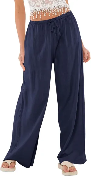 Ladies Linen Pants Summer Drawstring High Waist Wide Pants Palazzo Pant Casual Tummy Control Trousers with Pockets