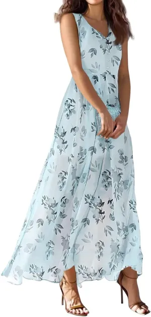 lcyhony Maxi Dresses for Women 2025 Casual Summer Sleeveless V Neck Floral Dress Y2k Loose fit Flowy Beach Vacation Sundress