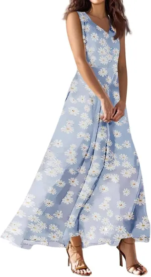 lcyhony Maxi Dresses for Women 2025 Casual Summer Sleeveless V Neck Floral Dress Y2k Loose fit Flowy Beach Vacation Sundress