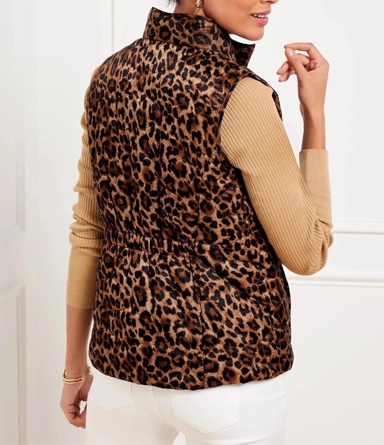 LifeShe Womens Leopard Quilted Vest Stand Collar Zip Up Reversible Puffer Vest Sleeveless Padded Gilet Coat with Pockets