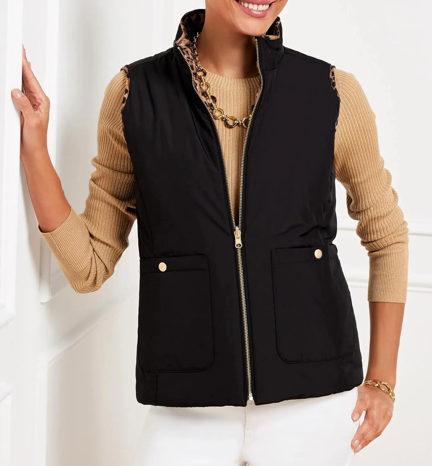 LifeShe Womens Leopard Quilted Vest Stand Collar Zip Up Reversible Puffer Vest Sleeveless Padded Gilet Coat with Pockets