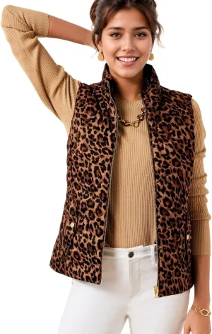 LifeShe Womens Leopard Quilted Vest Stand Collar Zip Up Reversible Puffer Vest Sleeveless Padded Gilet Coat with Pockets