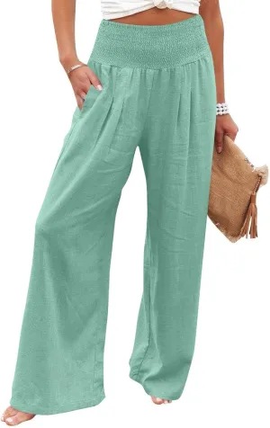 Linen Beach Pants Women Summer High Waist Palazzo Pants Smocked Wide Leg Pant Flowy Trousers with Pockets