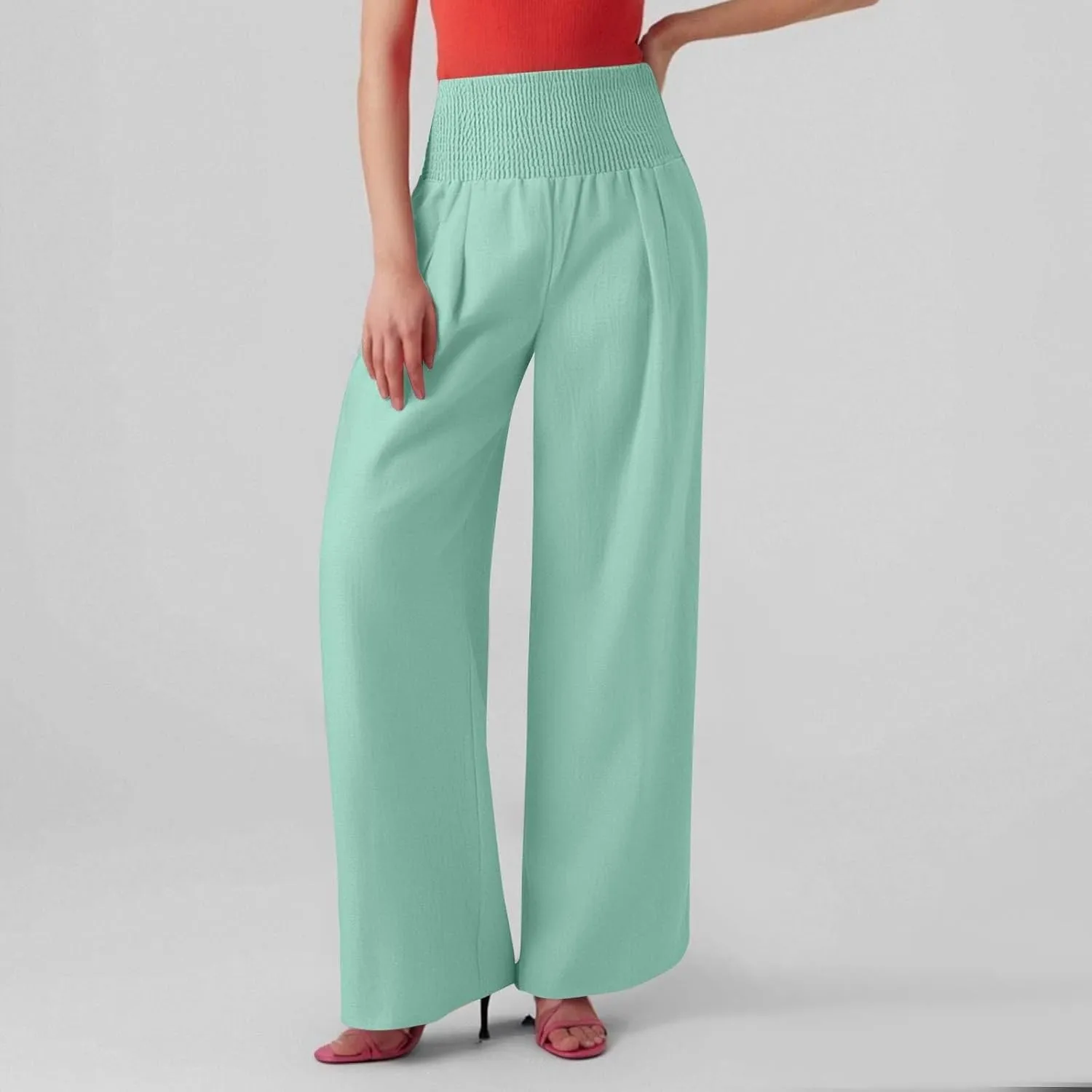Linen Beach Pants Women Summer High Waist Palazzo Pants Smocked Wide Leg Pant Flowy Trousers with Pockets