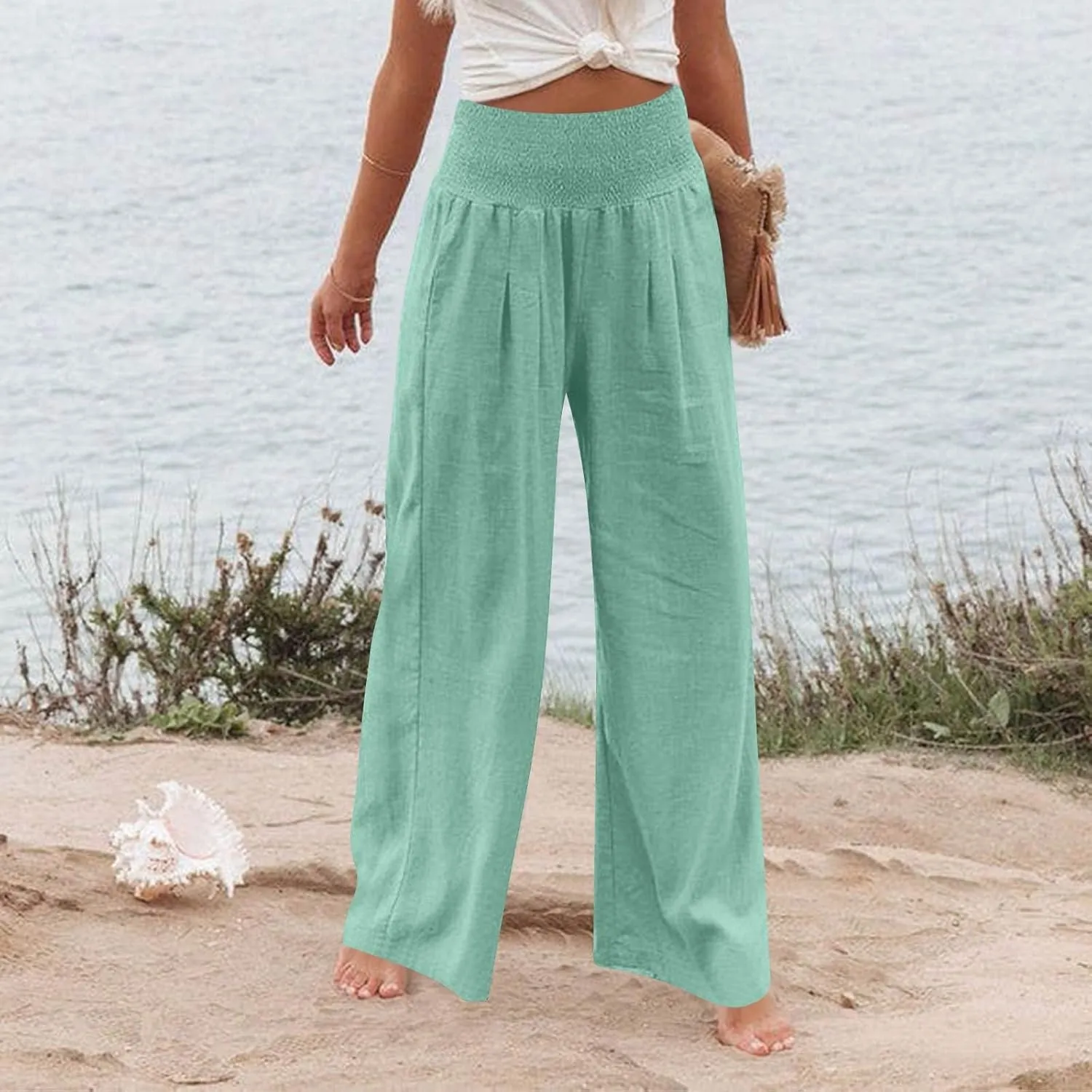 Linen Beach Pants Women Summer High Waist Palazzo Pants Smocked Wide Leg Pant Flowy Trousers with Pockets